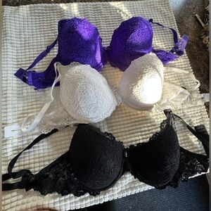 Set of 3 - NWT - Elegant Lace Bras Set - Purple, White, and Black